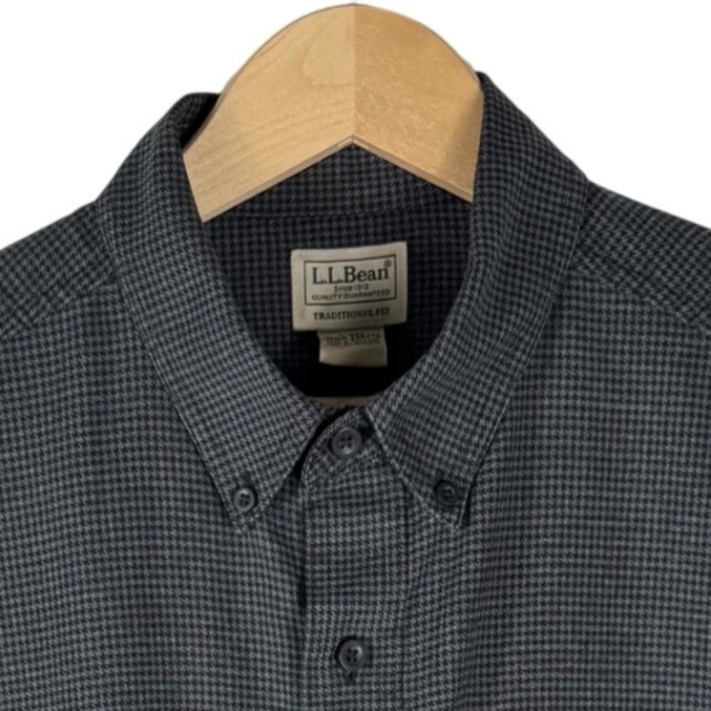 LL Bean Cotton Flannel Button Down Shirt Mens L Grey Black Houndstooth  298276